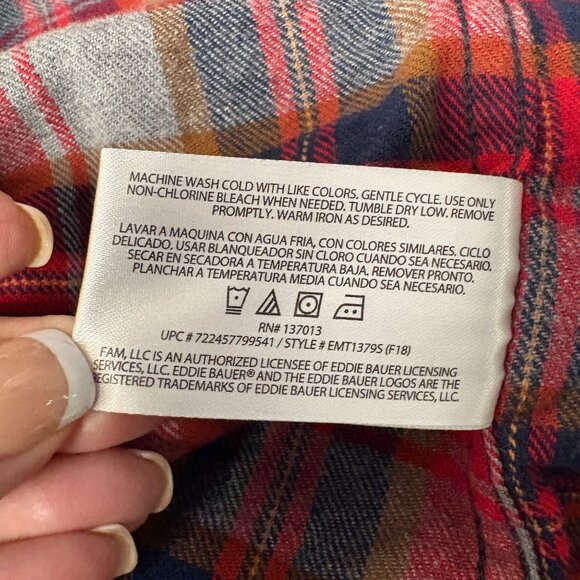 Eddie Bauer Mens Flannel Shirt Size Large Red Gray Blue Plaid Long Sleeve - Picture 5 of 6